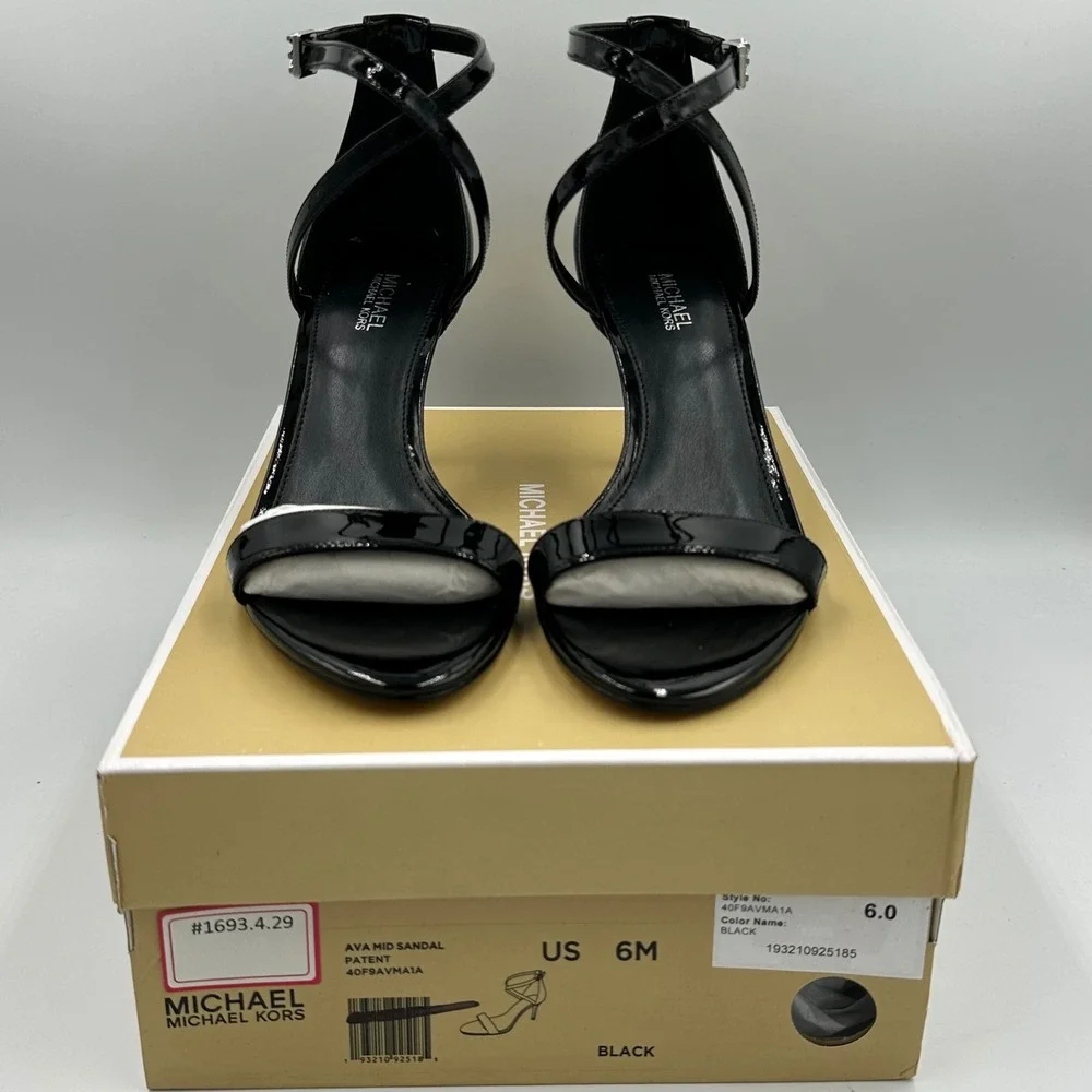 Michael Kors Ava Mid Sandal wmns 6 Black Patent Leather Stiletto Heel Sleek Chic